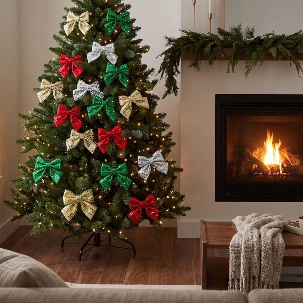 4PCS Vintage Christmas Wreaths Bow Shiny Sequined Xmas Tree Bow Decor Holiday Party
