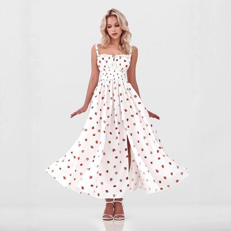 

Floral Camisole Skirt Summer New Women Low Collar Lace-up Split Dress Floral Slip Dress Strawberry S