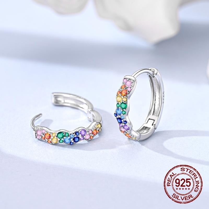925 Sterling Silver Rainbow CZ Paved Wavy Hoop Earrings Colorful Crystal Huggie Hoops Earrings for Women Jewelry Gifts