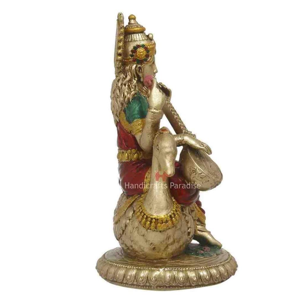 Hindu Goddess of Music and Knowledge Saraswati Sitting On Swan Playing The Vina Statue Sculpture