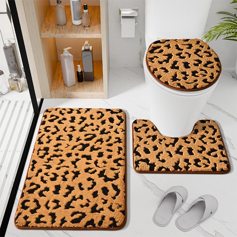 Leopard Bathroom Mat Plush Floor Rug Toilet Seat Cover U-Shaped Mat Dirt Resistant Quick Drying Entrance Door Mat Home Decor