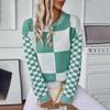 Vintage O Neck Long Sleeve Loose Knitwear Cardigan Sweater Top for Autumn Winter Grid Pattern