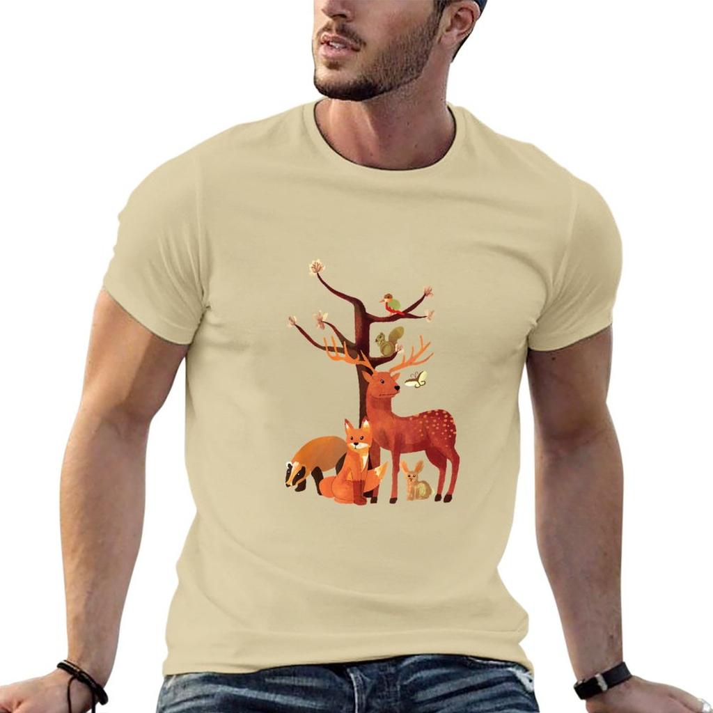 Woodland Animals Deer Fox Rabbit Squirrel Watercolor Vintage TShirt Oversized T Shirt Mens Clothing