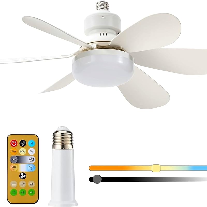 Socket Fan Light with Remote, Screw in Ceiling Fan LED Light Bulb 3 Colors Dimmable 3000K-6000K Quiet Fan for Indoor, Bedroom, Kitchen, Balcony, Home