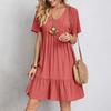 2026Summer Women's Loose Casual Short-sleeve Dress In Solid Color V Collar Dress
