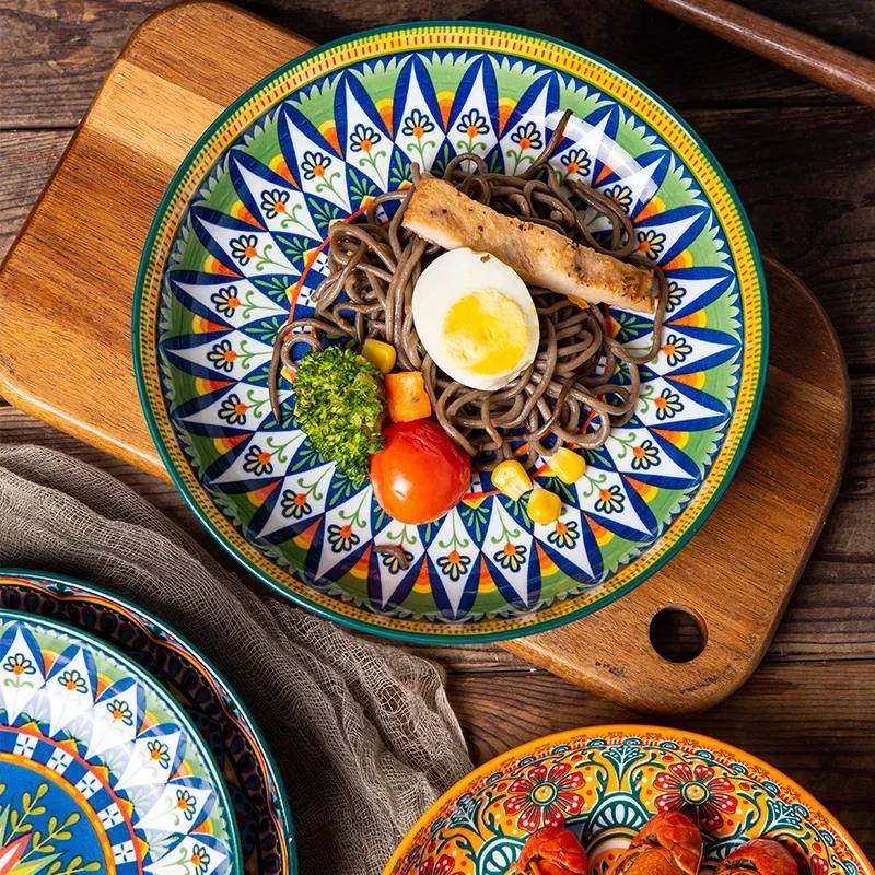 Bohemian Hand Painted Ceramic Plate 7/8 Inch, Colorful Mandala Porcelain Dinner Plate, Vintage Decorative Serving Dishes for Kitchen Dining Home Decor