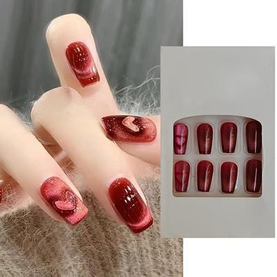 S.A.V.I 24 PCs Medium Length Red Cat's Eye Coffin Shape False Nails - Stylish Heart Design | Premium Press-On Nail Set for Women | Natural, Comfort