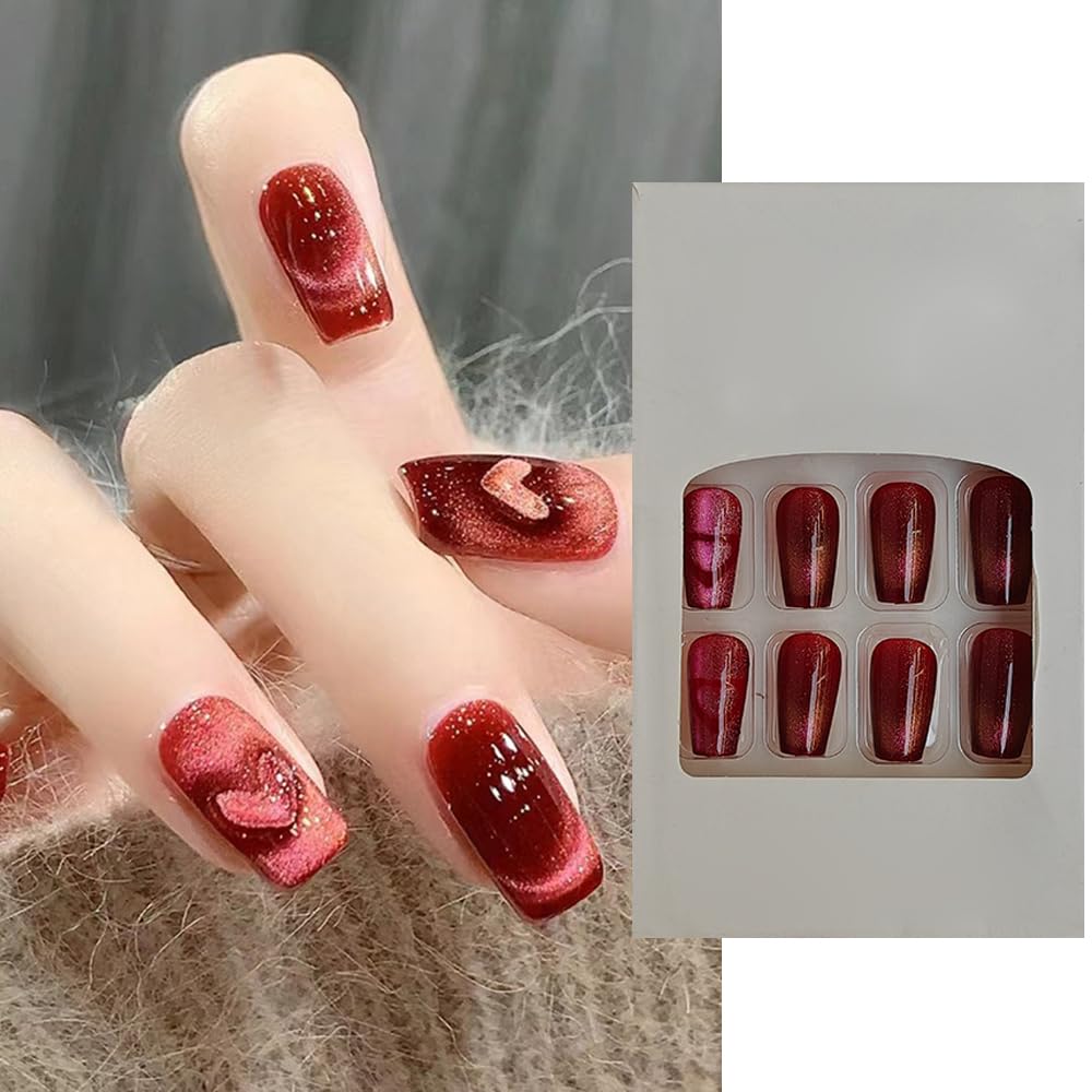 S.A.V.I 24 PCs Medium Length Red Cat's Eye Coffin Shape False Nails - Stylish Heart Design | Premium Press-On Nail Set for Women | Natural, Comfort