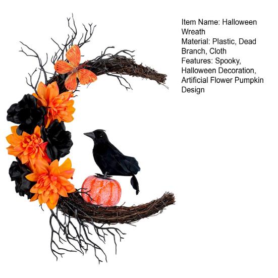 Halloweenský věnec Měsíc Vrána na vchodové dveře Gotický proutěný věnec s umělými květinami Dýně Suché větve pro vnitřní venkovní domácí nástěnnou okenní dekoraci