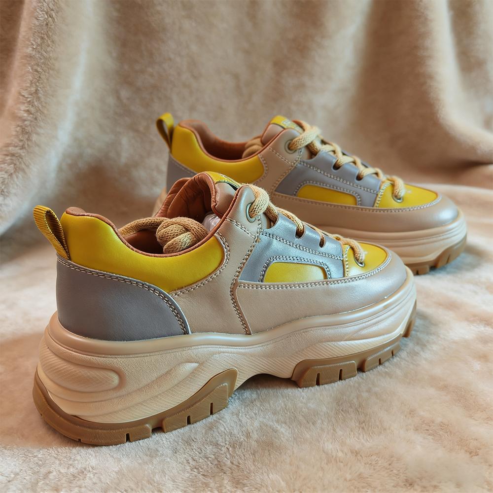 

Women s Colorblock Platform Sneakers Chunky Retro Dad Shoes Genuine Leather Comofort for Daily Wear 40 бежевий