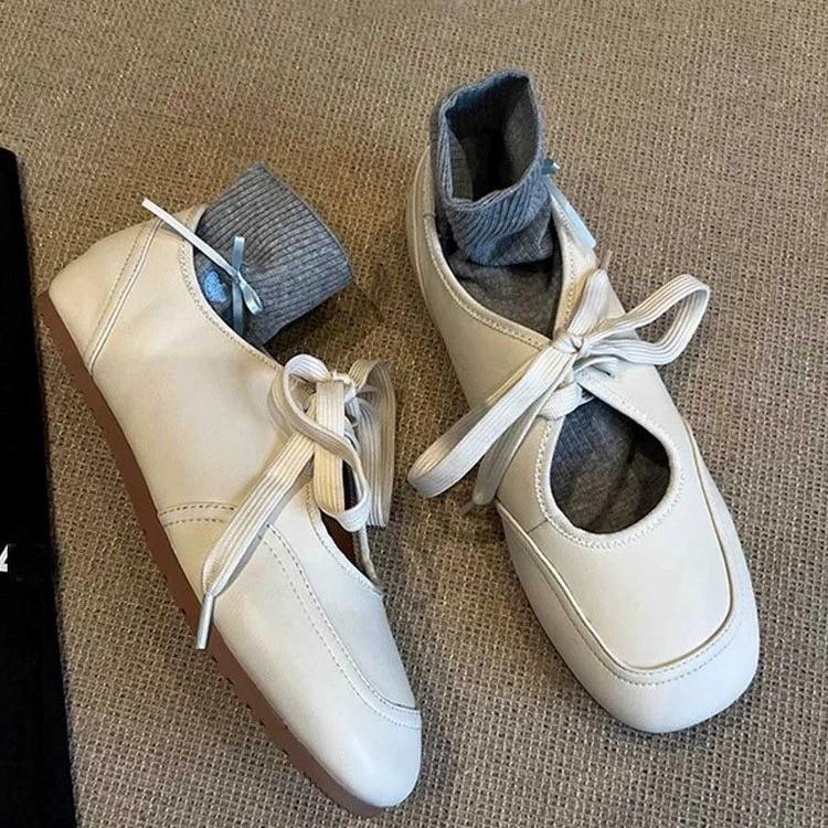 Sheepskin Version~ Versatile Little White Shoes Women's Hollow Lace-up Leather Single Shoes Retro Square Head Flat Bottom Comfortable Mary Jane Shoes