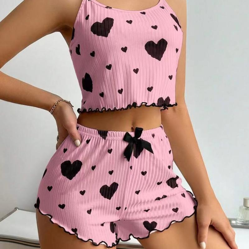 2 Pcs Set Summer Love Print Sweet Pajamas Suit for Women Suspenders Shorts Pure Desire Pajamas for Women