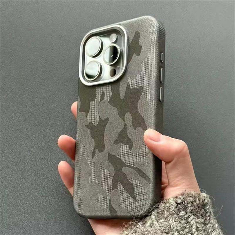 Luxusní maskovací kožený nárazuvzdorný magnetický kryt Armor pro iPhone 16 Pro 15 14 13 12 Pro Max MagSafe Wireless Charge Cover