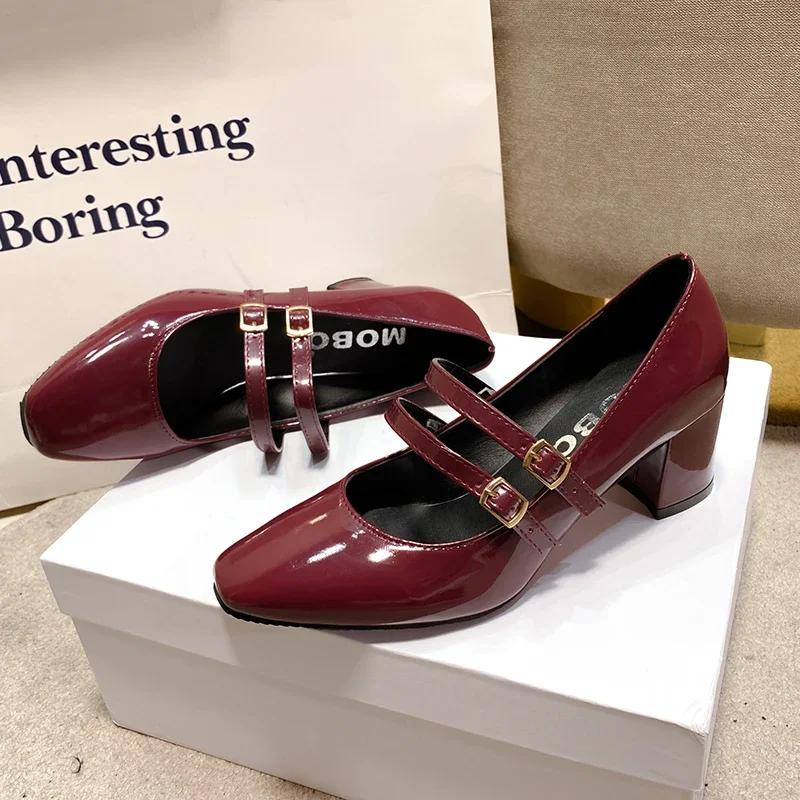 Spring Autumn Women Double Buckle Mary Janes Shoes Patent Leather Dress Shoes High Heels Pumps Retro Ladies Shoe Black Red