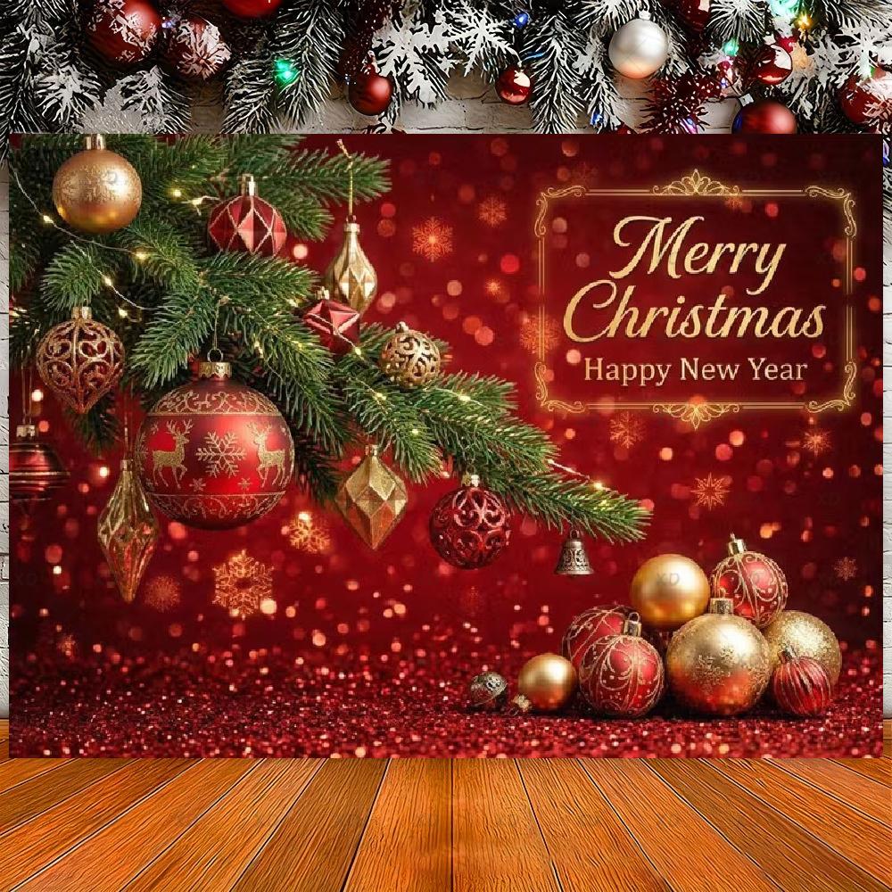 Green Gold Bauble Ornament Backdrop Traditional Xmas Family Party Decoration Background Merry Christmas Photography Booth Banner