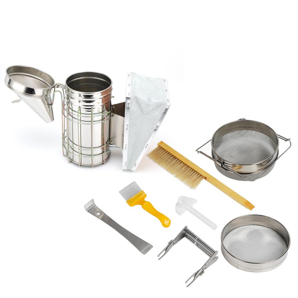 Beekeeping Starter Set Bee Brush Scraper Frame Clip Beehive Smoker Double Mesh Screen Water Feeder