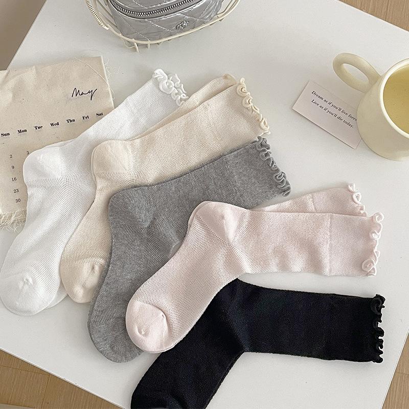 5 Pairs of Female Summer Thin Mesh Breathable Lace Boneless Tube Stack Socks