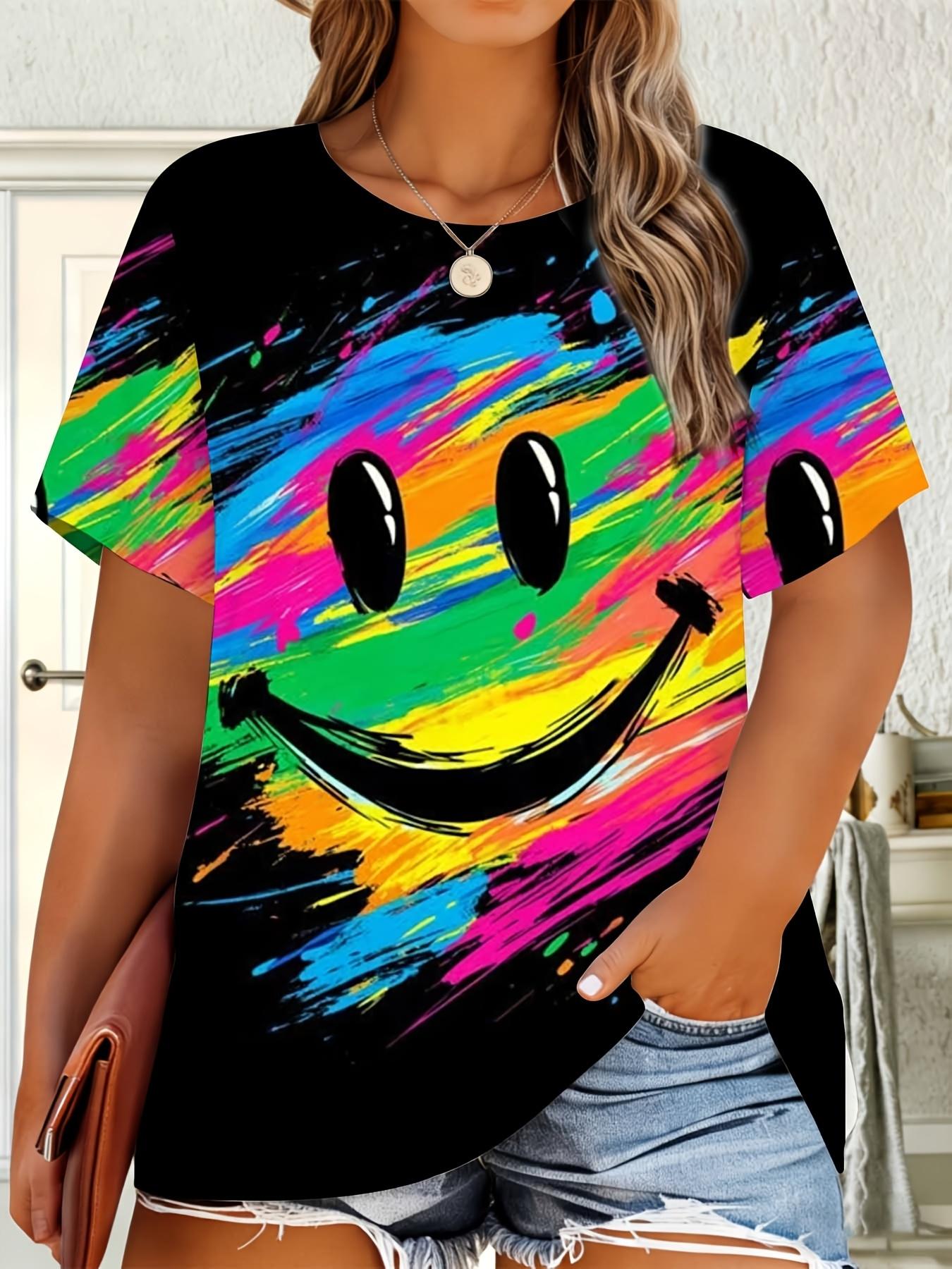 Women s Short Sleeve T-Shirt Black Rainbow Smiling Face Print Casual Summer Top XL дубильная кора