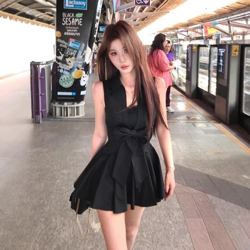 French Temperament Black Spice Girl Waist Lace Dress Women's Summer Pure Desire Wind Small Black Dress Knitted Fabric Zipper
