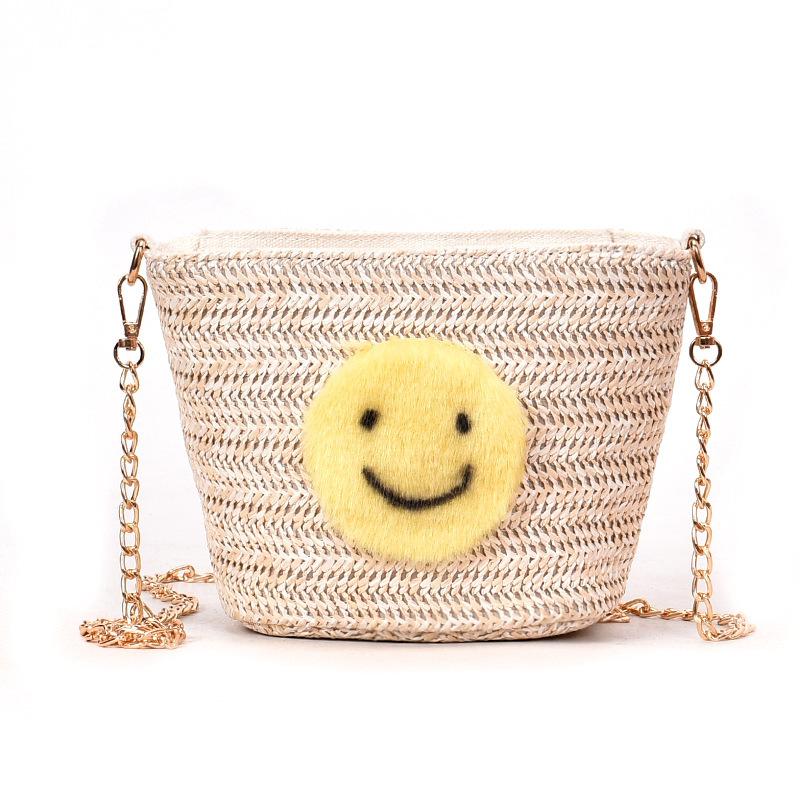 

Smiley bag Straw women s summer bucket bag Bohemian woven bag Chain messenger bag Niche straw bag