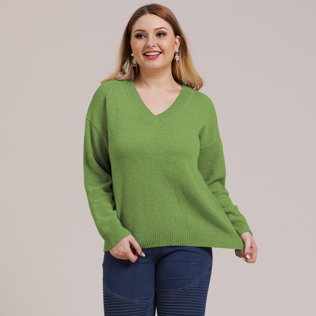 Autumn and Winter Plus Size Women's Solid Colour Simple Woven V-neck Pullover Jumper