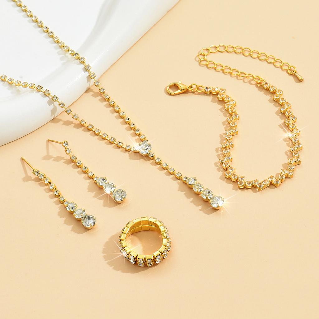 5Pcs Copper Prom Zircon Set for Women Minimalist Rings Necklace Earrings Bracelet Set Wedding Party Dress Accessories Gifts