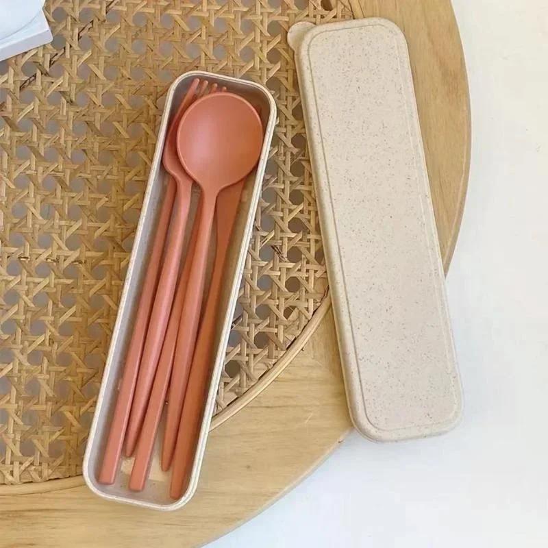 4 Pcs/Set Cutlery Wheat Straw Spoon Fork Chopsticks Box Tableware Portable Dinnerware Accessories Household Fashion Tableware