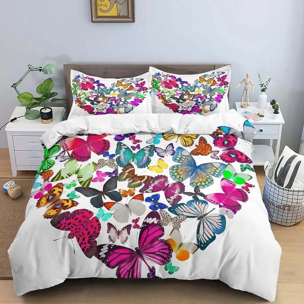 Butterfly Duvet Cover Set Colorful Butterfly Heart Shape Comforter Cover Spring Fresh Style Animal Polyester Bedding Set Girls
