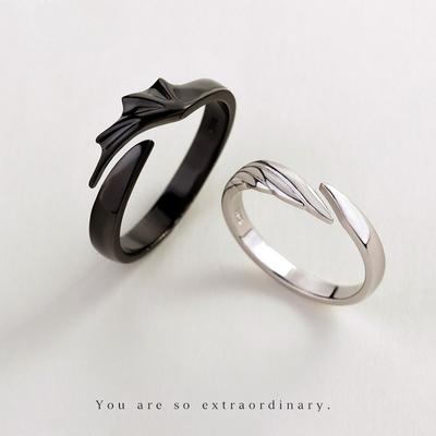 S925 Sterling Silver Angel and Devil Couple Rings, Minimalist Band Rings, Unique Halloween Jewelry