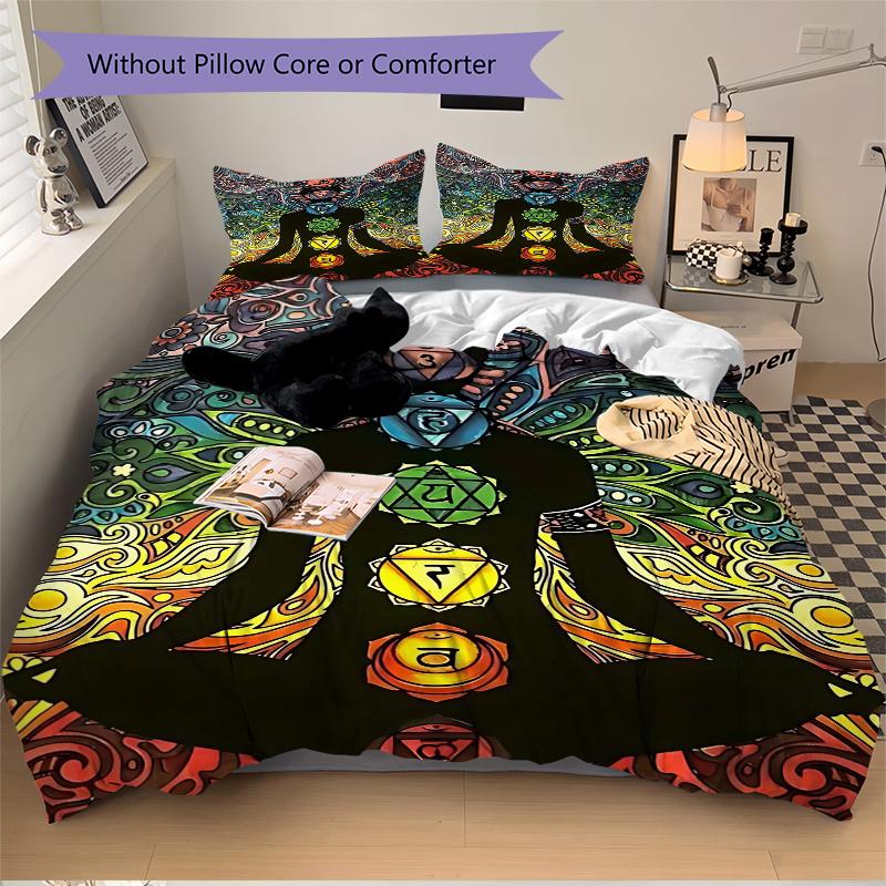 3pcs Chakra Meditation Silhouette Comforter Set with One Quilt Cover and Two Pillowcases (No Core), Perfect for Bedroom or Guest Room Decoration, Feat