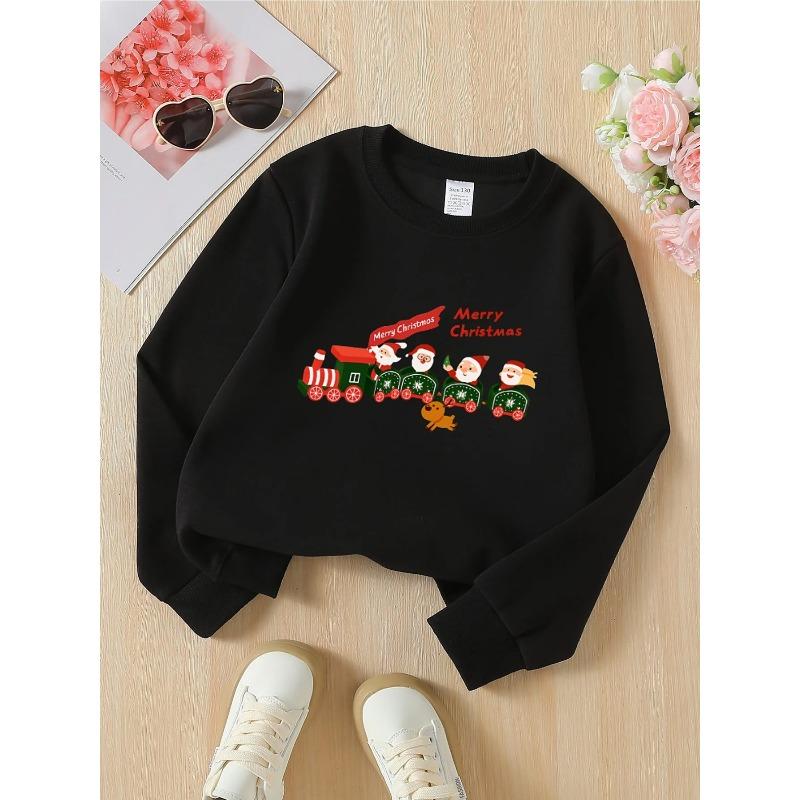 European sizes Christmas Train Santa Reindeer Joyful Girls' Fashionable Crewneck Sweatshirt, Western Top, Children's Long Sleeved Casual Tee