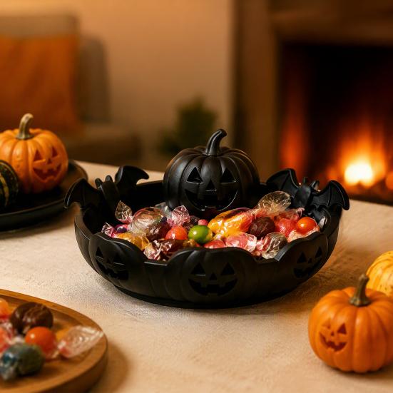 Candy Storage Dish Halloween Pumpkin Tray, Bat Relief Holder, 3D Printed Retro Face Bowl Desktop Bowl, Spooky Tabletop Ornament for Party Decor Window