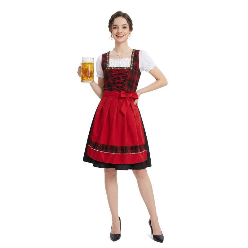 Oktoberfest Costume Women Retro Red Black Tartan Dress For Halloween Event