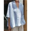 Women Spring and Summer Solid Half Sleeve Cotton Linen Top Plus Size V-neck Loose Casual Blouse