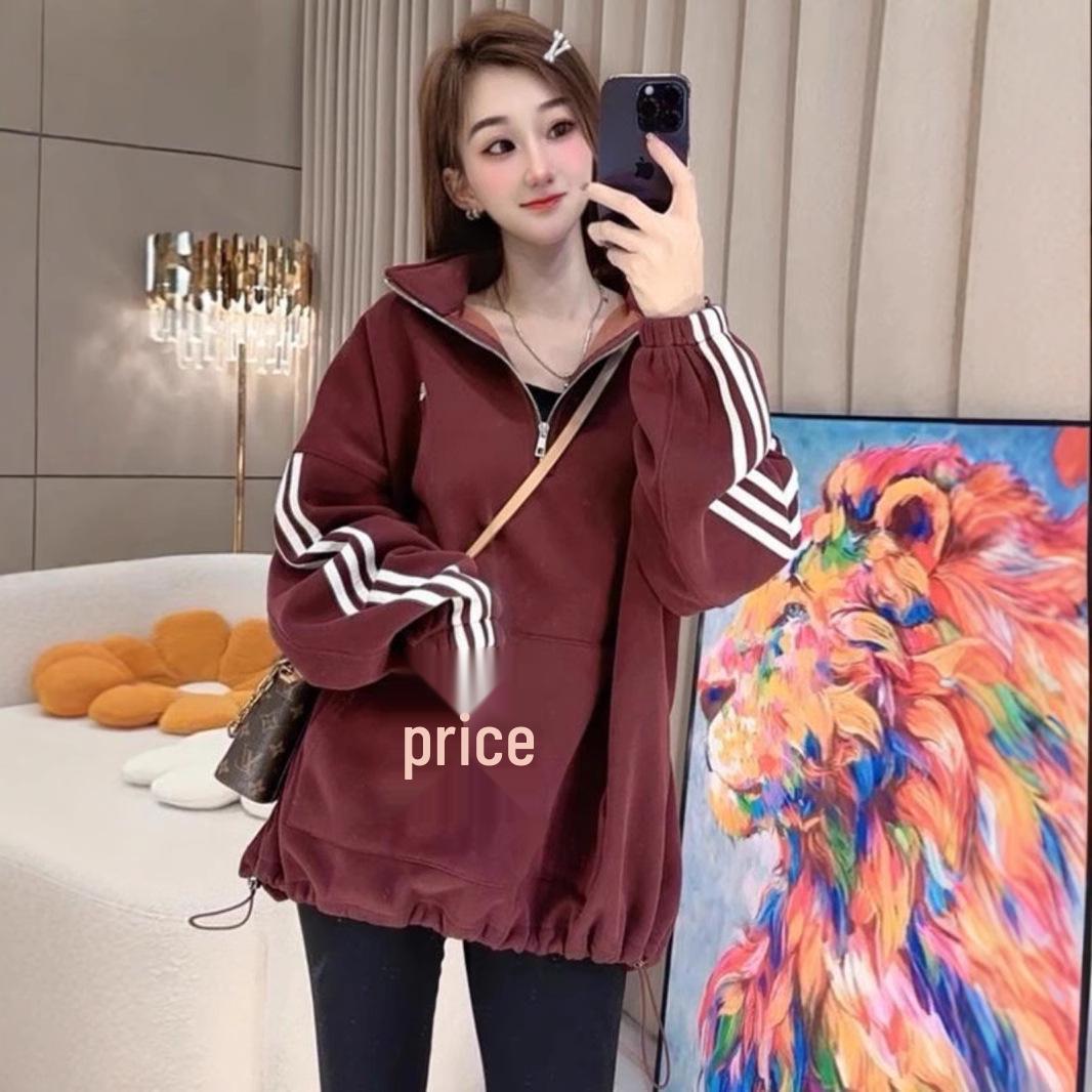 

2024 Autumn/Winter Korean Style Half-Zip Fleece-Lined Sweatshirt Large чёрный