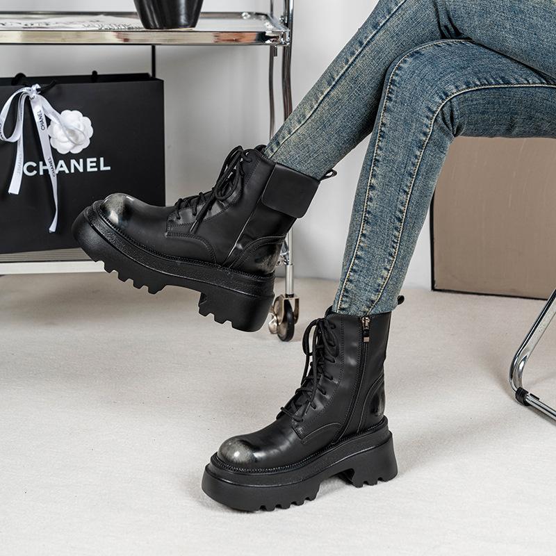 Small Thick-soled Heightened Round Head Polished Women's Boots Knight Boots 2025 Autumn and Winter New British Short Leather Boots Martin Boots