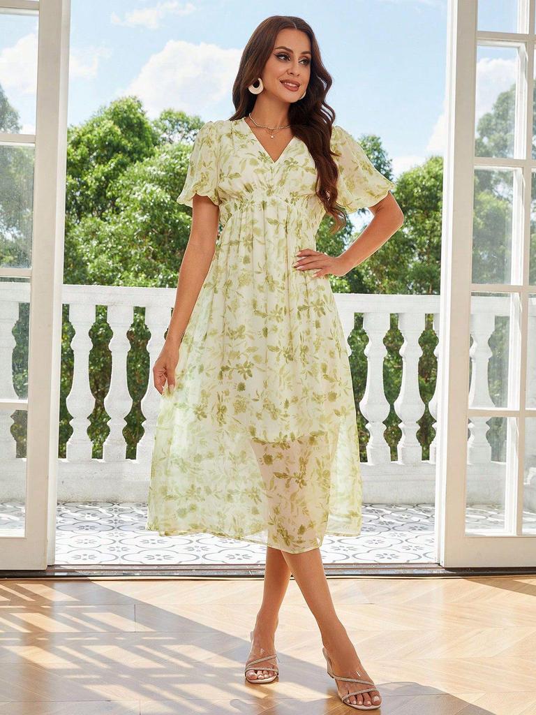 V-Ausschnitt Blumenkleid: Europäischer & Amerikanischer Stil, Urlaubsbereit, Taillenbetonende Damenmode