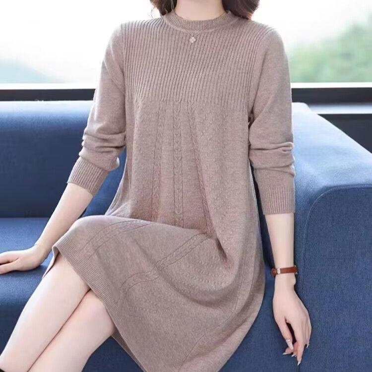 Korean-style Loose Mid-length Pullover for Women Spring Autumn and Winter Knitted Dress Solid Color Casual Sweater