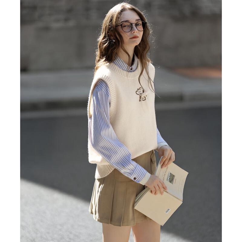 TonLion Damski Dzianinowy Sweterek Bez Rękawów Z Okrągłym Dekoltem i Haftem ze Snoopy