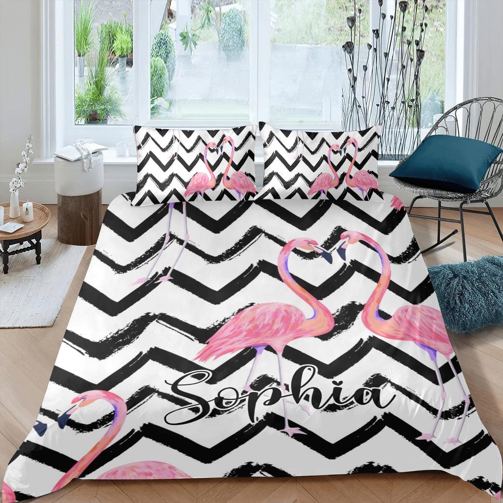Pink Flamingo Bedding Set Palm Leaves Printed Decor Duvet Cover Twin Size Tropical Green Plants Floral Pattern Nature Themed