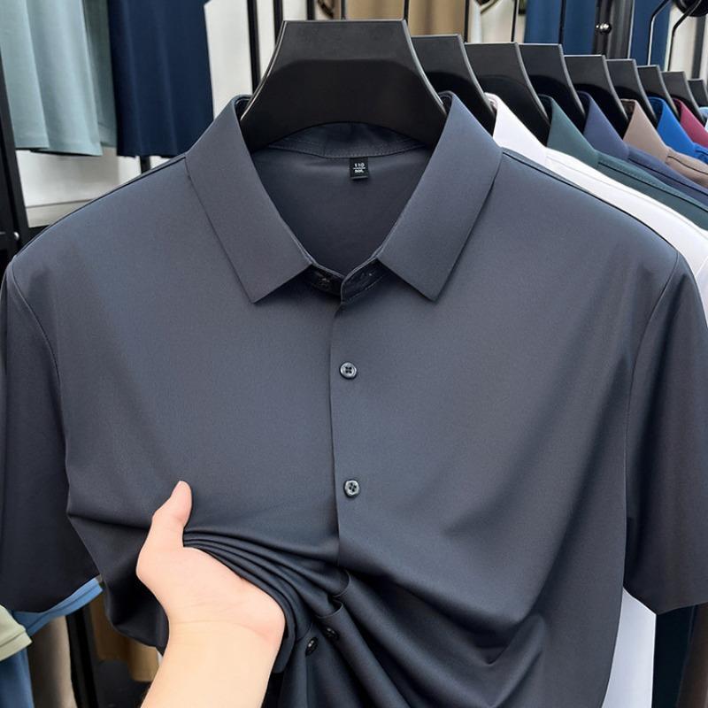 Men's White Ice Silk Seamless Short Sleeve Dress Shirt For Business And Casual Wear