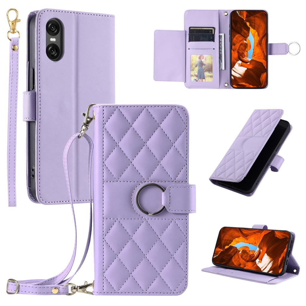 For Sony Xperia 5 V Crossbody Leather Case Ring Buckle Wallet Stand Rhombus Mobile Cover