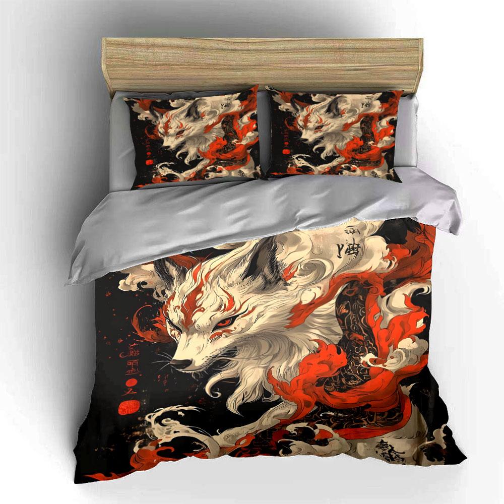 Japan White fox with fiery art Print Soft Comfortable Duvet Cover Bedding Set Included 1*Duvet Cover 2*Pillowcases Luxury Gift