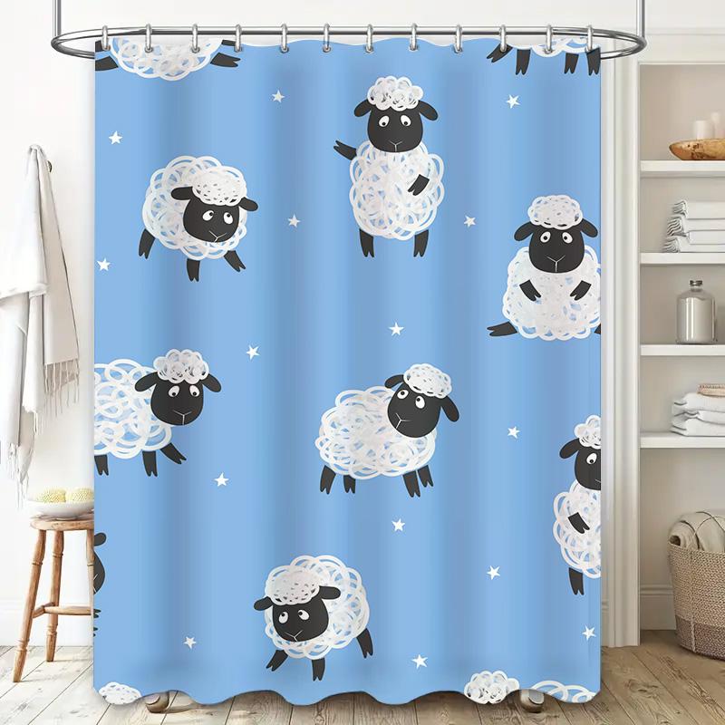 Adorable Sheep Pattern Shower Curtain Light Blue Background with White Clouds Design Perfect for Bathroom Decor Kids Bathrooms.
