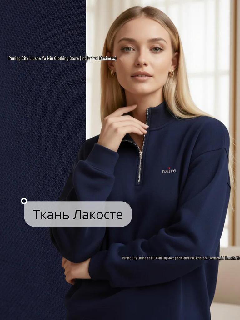 Silver Fox Artistic Dark Blue Half-Zip Hoodie for Women - Thickened Lapel, Autumn/Winter Style.