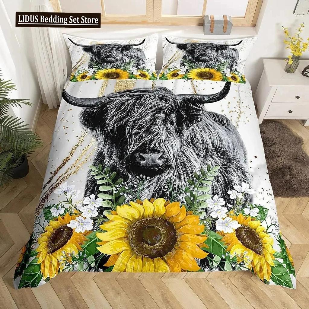 Highland Cattle Påslakanset Sött Blommigt Ko Dubbelt Sängklädesset Gul Solros Täcke Djur Polyester Quiltöverdrag