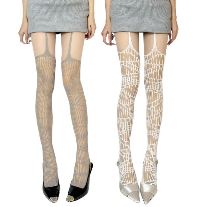 Patterned High Waist Fishnet Pantyhose for Women Aesthetic Garter Belt Thigh High Stockings Sheer Suspender Pantyhose