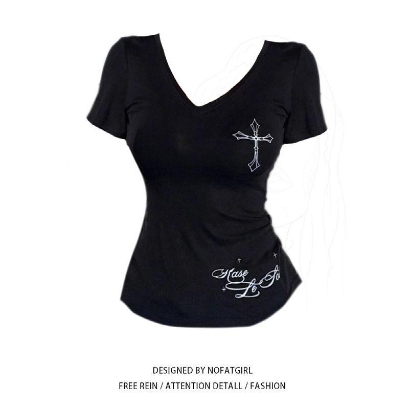 

Plus-Size Women s American-Style Spicy V-Neck Black Short-Sleeve T-Shirt, Summer 2026 Thin Waist-Cinching Slimming Pure Desire Top Black M