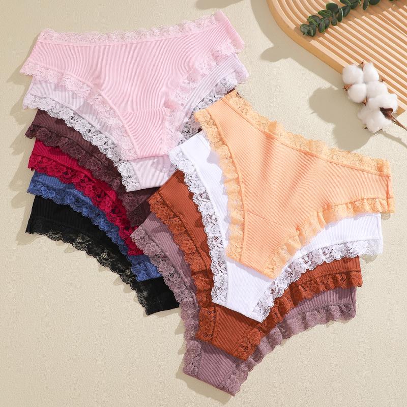 FINETOO S-XXL 4 Peças Algodão Renda Floral Roupa Íntima para Mulheres Calcinhas Sexy Listradas Cor Sólida Meninas Cintura Baixa Respirável Fio Dental Lingerie