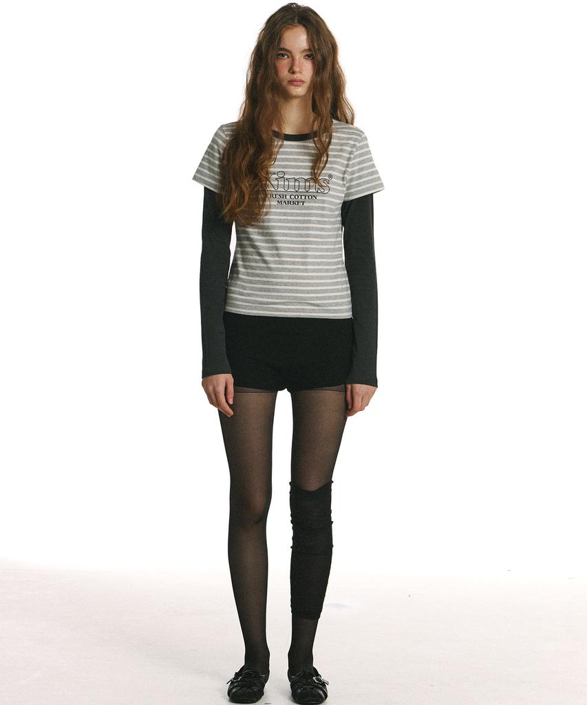 Kimseupeulesikoteunmakes 34 Body Stripe Layered Long Sleeve T-Shirt Gray